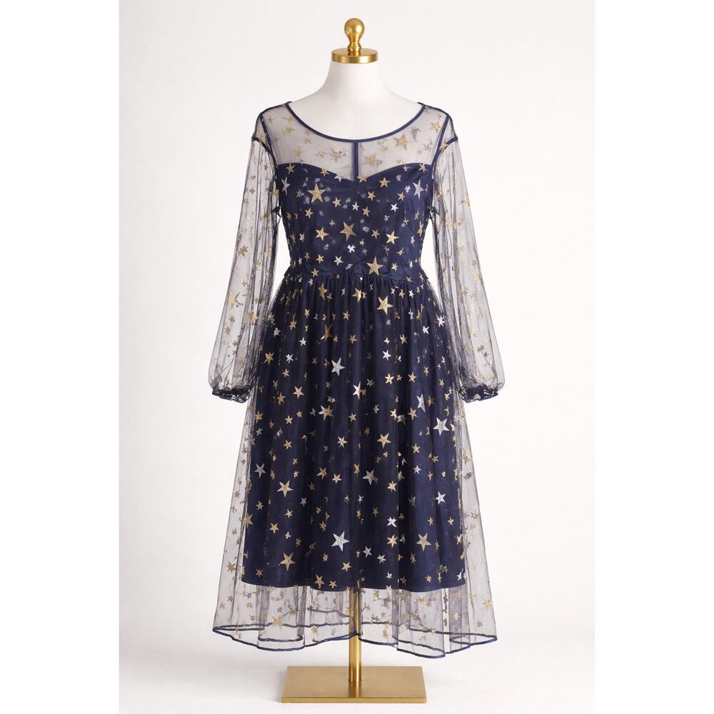 Bloomchic Plus Size 18-20/2X Blue Gold Silver Glitter Star Sweetheart Maxi Dress